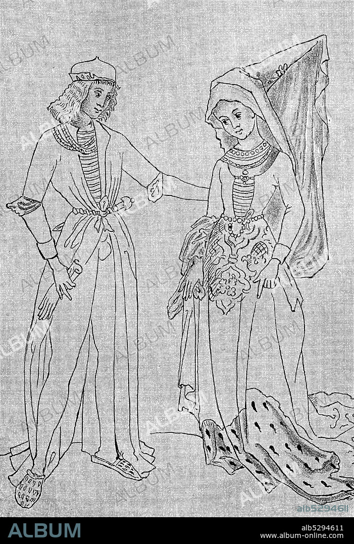 Maximilian and his bride Mary of Burgundy, Maximilian I, Archduke Maximilian of Austria, 22 March 1459 - 12 January 1519, of the Habsburg dynasty was Duke of Burgundy by marriage from 1477, Roman-German King from 1486, Lord of the Habsburg Hereditary Lands from 1493 and Roman-German Emperor from 4 February 1508 to 12 January 1519.