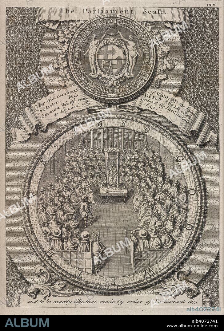 The Parliament Seale. Medals, Coins, Great-Seals, Impressions, from the. London, 1780. Copy of the Seal of the Parliament of the Commonwealth. 'After the removal of Richard the Lord Protector, this great seal was ordered by Parliament to be used ...1659 ...and to be exactly like that made by Parliament 1651'.  Image taken from Medals, Coins, Great-Seals, Impressions, from the elaborate works of Thomas Simon, chief engraver of the Mint to K. Charles 1st, tothe Commonwealth and in the reign of K. Charles ye II:d, to 1665.  Originally published/produced in London, 1780. . Source: 603.i.29, plate XXIV. Language: English.