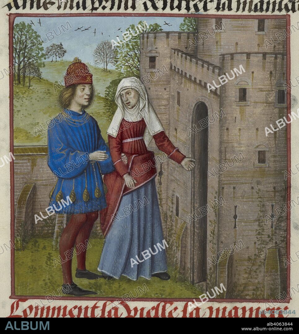 GUILLAUME DE LORRIS and JEAN DE MEUN. Detail of a miniature of the Lover and la Vieille (the Duenna). Roman de la Rose. Netherlands, S. (Bruges). c. 1490-c. 1500. Source: Harley 4425 f.129v. Language: French.