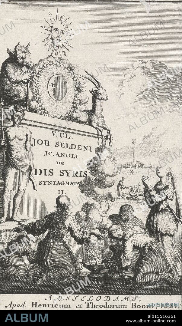Amsterdam, Boom, Hendrick and Dirk, Luyken, Jan, Title page for: J. Selden, De Dis Syris Syntagmata II, 1680, Five women kneeling before a smoking offering bowl, verso - stamped, print, title page, prints, height 148 mm, width 89 mm, Northern Netherlands, 1649-04-16 - 1712-04-05, print maker, printmaker, 1680 - 1680, paper, papier, etching, etchings, Publication (Event), Publication, publisher, 1681 - 1681.