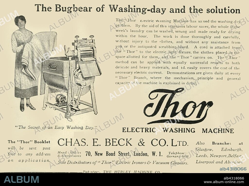 'Thor: Electric Washing Machine - The Bugbear of Washing-day and the solution - Chas E. Beck & Co. Ltd.', 1920. The Thor washing machine was the first electric clothes washer sold commercially in the United States from 1910. From "The Ideal Home - April 1920". [London, 1920].