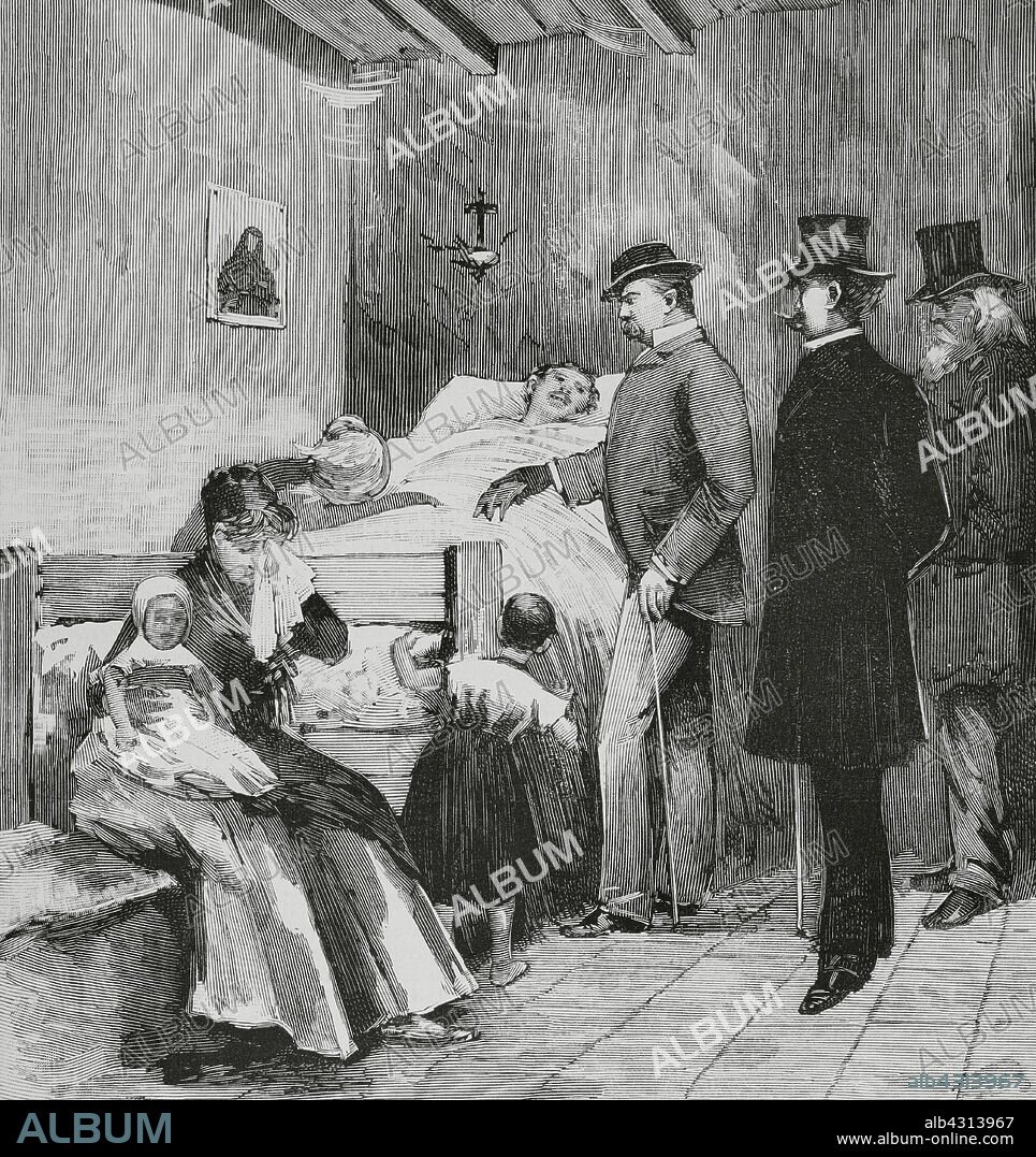 Italia. Nápoles. El cólera. Visita del rey Humberto I de Saboya (1844-1900) a los enfermos del Arrabal. Grabado. La Ilustración Española y Americana, 1884.