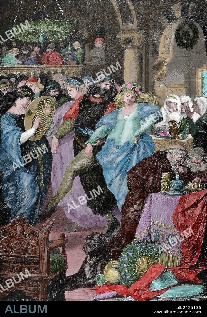 ADOLF CLOSS. Lohengrin. Character in German Arthurian literature. Wedding Lohgengrin and Elsa, daughter of the Duke of Brabant. Engraving by A. Closs. Germania, 1882. Colored.