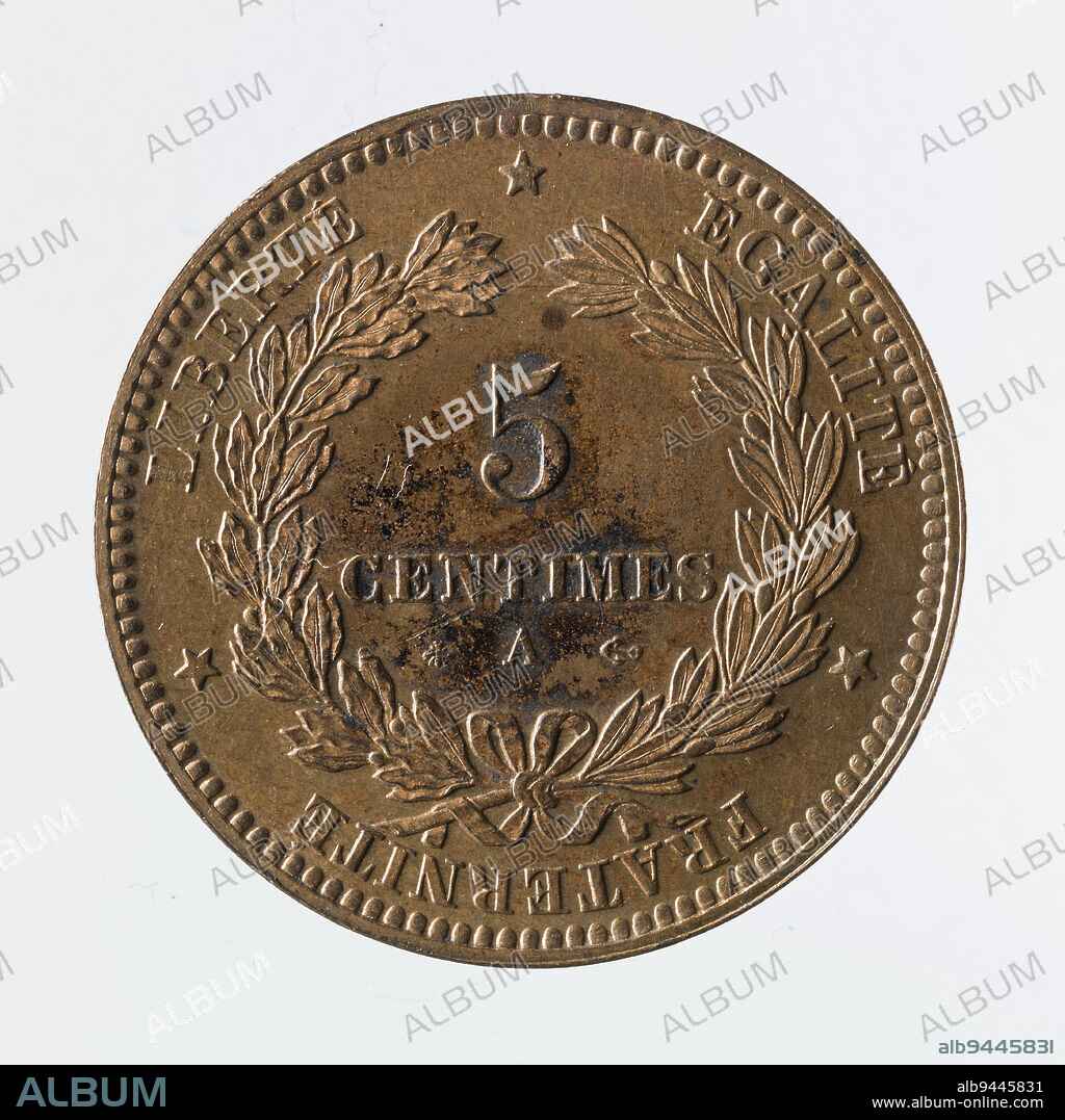 Bronze 5 centimes coin of the IIIrd Republic, 1871, Oudiné, Eugène-André, Graveur en médailles, Barré, Albert-Désiré, Array, Numismatique, Monnaie, Paris, Diameter: 2.5 cm, Weight (type size): 5.07 g.