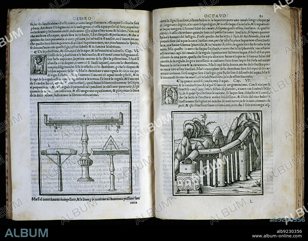 Pages of 'Architecture traducto di latino in vulgare dal vero exemplare' by M. Vitrubio Polion. Printed with round letter and engravings inspired by Leonardo da VINCI. Printed in Venice by Juan Antonio and Piero Fratelli da Sabio, 1524.