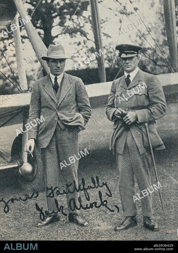 Captain John Alcock and Lieutenant Arthur Whitten Brown, British aviators, c1919 (c1937). John William Alcock (1892-1919), a Captain in the Royal Air Force, successfully completed the first non-stop transatlantic flight, flying from St John's, Newfoundland, Canada, to Clifden, Connemara, Ireland, with navigator Lieutenant Arthur Whitten Brown (1886-1948), on 15 June 1919. From Wonders of World Aviation, Vol. 1, by Clarence Winchester. [The Amalgamated Press Ltd, London, c1937].