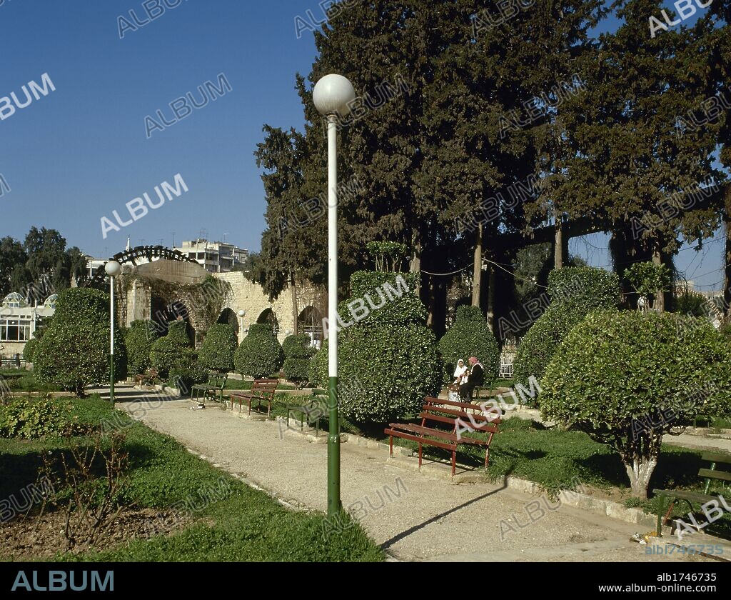 Syria. Hama. Gardens of the North of the city flanking the eastern bank of the Orontes River. In the background one noria.