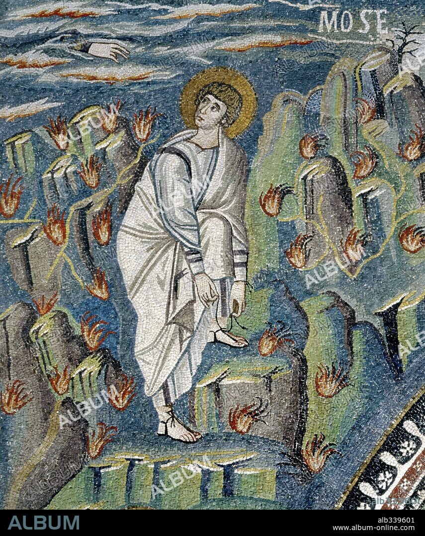 Mosaic of Moses loosening sandal on Mt. Horeb or Sinai at God´s command from burning bush in Basilica San Vitale.