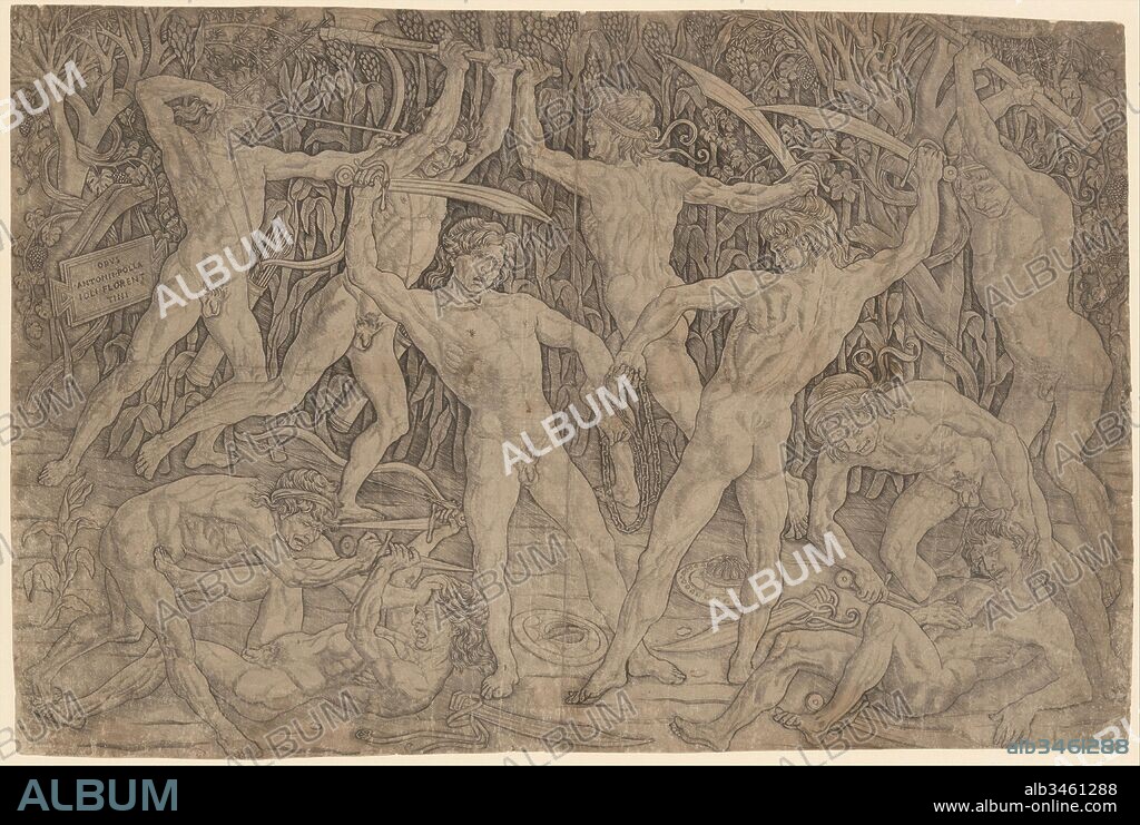 Battle of the naked men, ca. 1470–90, Engraving, sheet: 15 1/8 x 23 3/16 in. (38.4 x 58.9 cm), Prints, Antonio Pollaiuolo (Italian, Florence ca. 1432–1498 Rome), One of the earliest and most influential Italian engravings, this print is an anomaly in many respects. It is the largest engraving of its time, and the only one signed by the Florentine artist Antonio Pollaiuolo (1431/32–1498).
