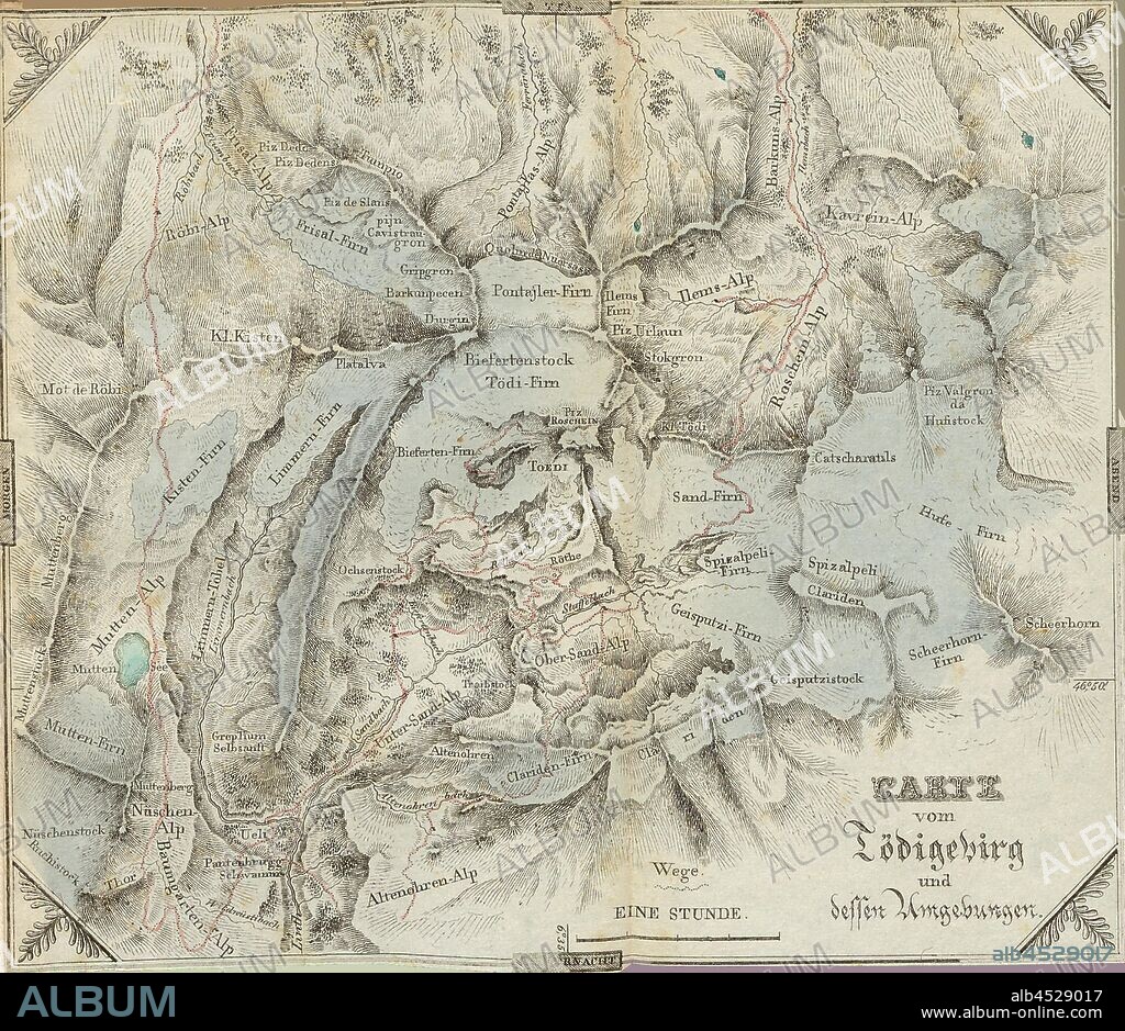 Map of the Tödigebirg and its surroundings, Map of Tödi and surroundings, plate 1, before S. 1, Hegetschweiler, Johannes, 1825, Johannes Hegetschweiler, Reisen in den Gebirgsstock zwischen Glarus und Graubünden in den Jahren 1819, 1820 und 1822. Zürich: Orell, Füssli und Compagnie, 1825.