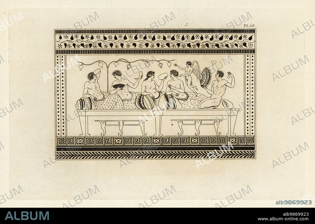 Bacchanalia or festival to Bacchus, Roman god of wine. Men and women lounge on sofas at a feast, while a genius of Bacchus flies above. Copperplate engraving by Thomas Kirk (1765-1797) from Sir William Hamiltons Outlines from the Figures and Compositions upon the Greek, Roman and Etruscan Vases of the Late Sir Hamilton, T. MLean, London, 1834.