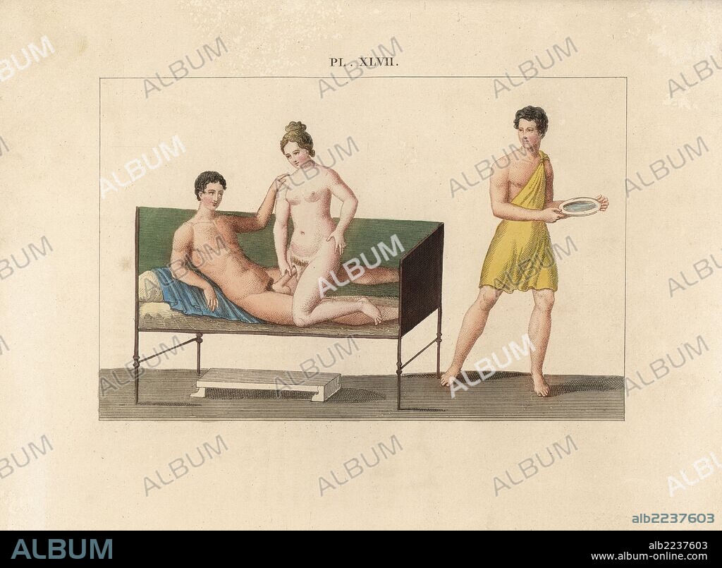 Fresco from Pompeii. Erotic scene showing a naked woman riding on top of a man on a mattress on a bed with three sides. A cubicular slave looks back carrying a plate with an aphrodisiac. Handcoloured lithograph from Cesar Famin's "Musee royal de Naples (The Royal Museum at Naples)," Abel Ledoux, Paris, 1836. This rare volume is a catalog of the collection of erotic paintings, bronzes and statues excavated in Pompeii and Herculaneum and stored in a Secret Cabinet at Naples.