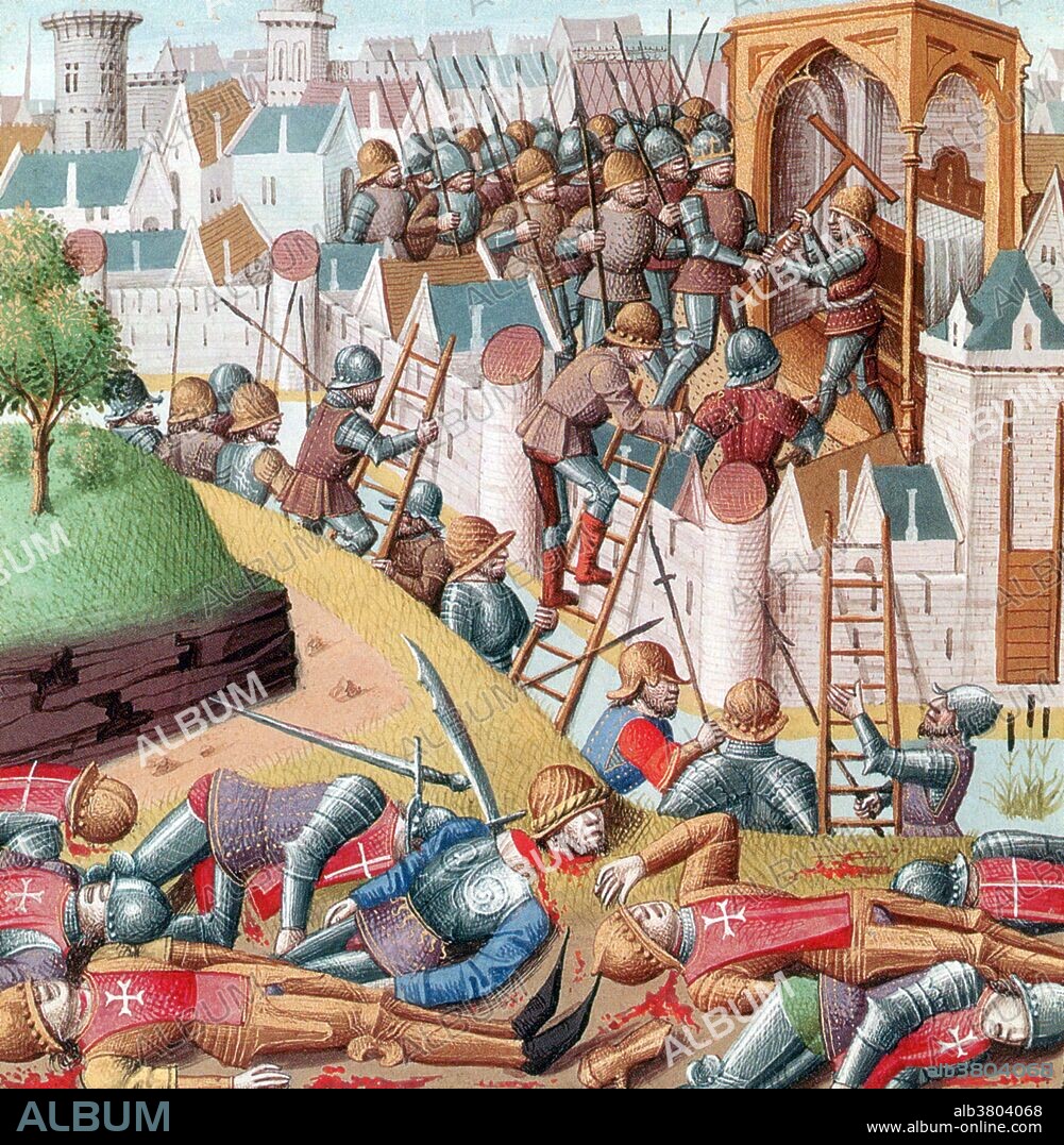 Entitled: "The loss of the true cross." The Third Crusade (1189-92) was an attempt by European leaders to reconquer the Holy Land from Saladin. The campaign was largely successful, capturing the important cities of Acre and Jaffa, and reversing most of Saladin's conquests, but it failed to capture Jerusalem, the emotional and spiritual motivation of the Crusade. On September 2, 1192, King Richard I and Saladin finalized a treaty granting Muslim control over Jerusalem but allowing unarmed Christian pilgrims and merchants to visit the city. The successes of the Third Crusade allowed the Crusaders to maintain considerable crusader states in Cyprus and on the Syrian coast. However, the failure to recapture the ultimate prize, Jerusalem, would lead to the Fourth Crusade. The artist who drew this medieval illumination appears to have merged two events: The Battle of the Horns of Hattin, when the cross was taken by Muslims and the Christian siege of Acre, after which it was hoped that Saladin would return the cross. The Battle of Hattin took place on July 3 and 4, 1187, between the Crusader Kingdom of Jerusalem and the forces of Saladin. The Siege of Acre was one of the first confrontations of the Third Crusade, lasting from August 28, 1189 until July 12, 1191, and the first time in history that the King of Jerusalem was compelled to personally see to the defense of the Holy Land.