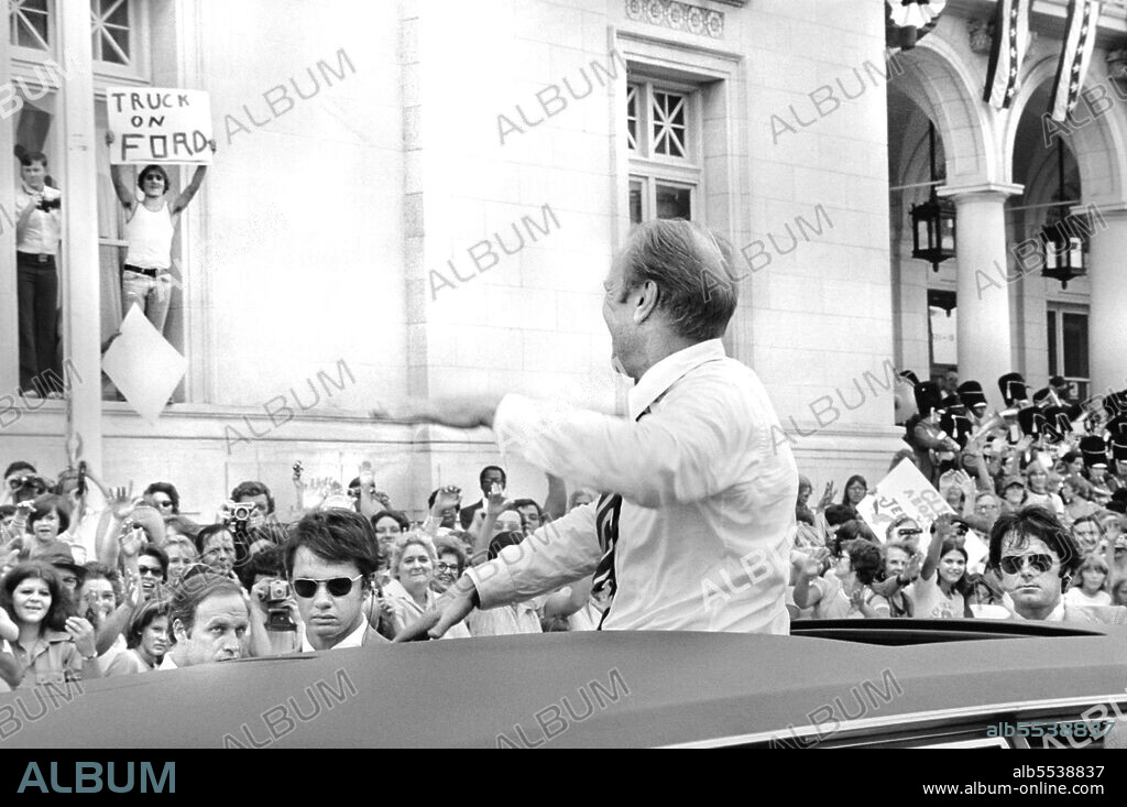U.S. President greeting crowd from sunroof of car during Presidential Campaign trip through Louisiana, Mississippi and Florida, USA, Thomas J. O'Halloran, US News & World Report Magazine Collection, September 25-27, 1976.