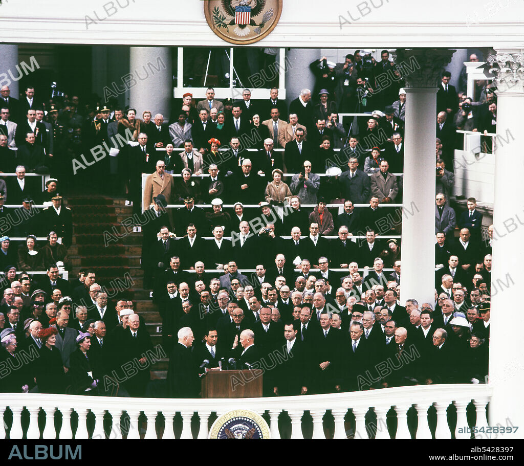 U.S. Chief Justice Earl Warren administering Oath of Office to Dwight D. Eisenhower, East Portico, U.S. Capitol, Washington, D.C., USA, Architect of the Capitol, January 21, 1957.