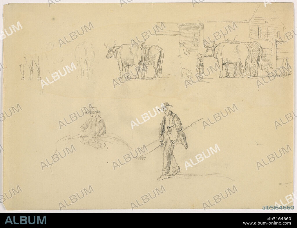 Sketches in Barnyard, Oxen and Farmer with Rake, Daniel Huntington, American, 18161906, Graphite on paper, Top half, oxen shaded and outlined. At right, the barn door, with figures and a dog. Below, at left, boy on a hay pile. At right, man walking with a rake., USA, 1878, landscapes, Drawing, Drawing.
