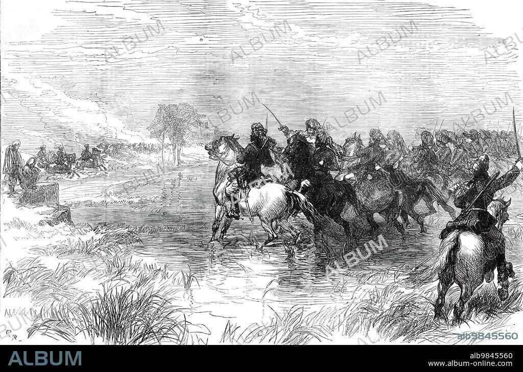 The Prince of Wales in India: military manoeuvres before Delhi - charge of Probyn's Horse, from a sketch by one of our special artists, 1876. 'The Central India Horse, on the side of the defence, were doing vedette duty on the Kurnal-road...Probyn's horse crossed the canal...[and] prepared to advance. But the Central India Horse, seeing the intention, began to retreat, and made for the main road. Probyn's horse were on the east of it, and made a splendid gallop down into the open, shouting and screaming as they went. Their object at first was to cut off the retreat of the enemy, but they got into marshy ground, with large pools of water. This stopped their wild career, or they might have been successful. The artillery right ahead began to send up white clouds, which became another reason for not pressing on in pursuit. As the Central India Horse went down the road a huge cloud of dust arose'. From "Illustrated London News", 1876.