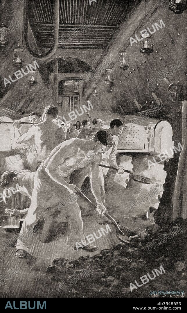 Stokers shoveling coal into furnaces in the engine room of a warship, c.1900. From The History of Our Country, published 1900.
