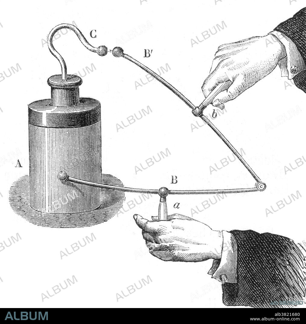 A Leyden jar is a device that stores static electricity between two electrodes on the inside and outside of a glass jar. A Leyden jar typically consists of a glass jar with metal foil cemented to the inside and the outside surfaces, and a metal terminal projecting vertically through the jar lid to make contact with the inner foil. It was the original form of a capacitor (originally known as a condenser). It was invented independently by German cleric Ewald Georg von Kleist and by Dutch scientist Pieter van Musschenbroek of Leiden (Leyden) in 1745-46. The invention was named for the city. The Leyden jar was used to conduct many early experiments in electricity, and its discovery was of fundamental importance in the study of electrostatics. The Leyden jar was the first means of storing an electric charge which then could be discharged at the experimenter's will. Leyden jars are still used in education to demonstrate the principles of.