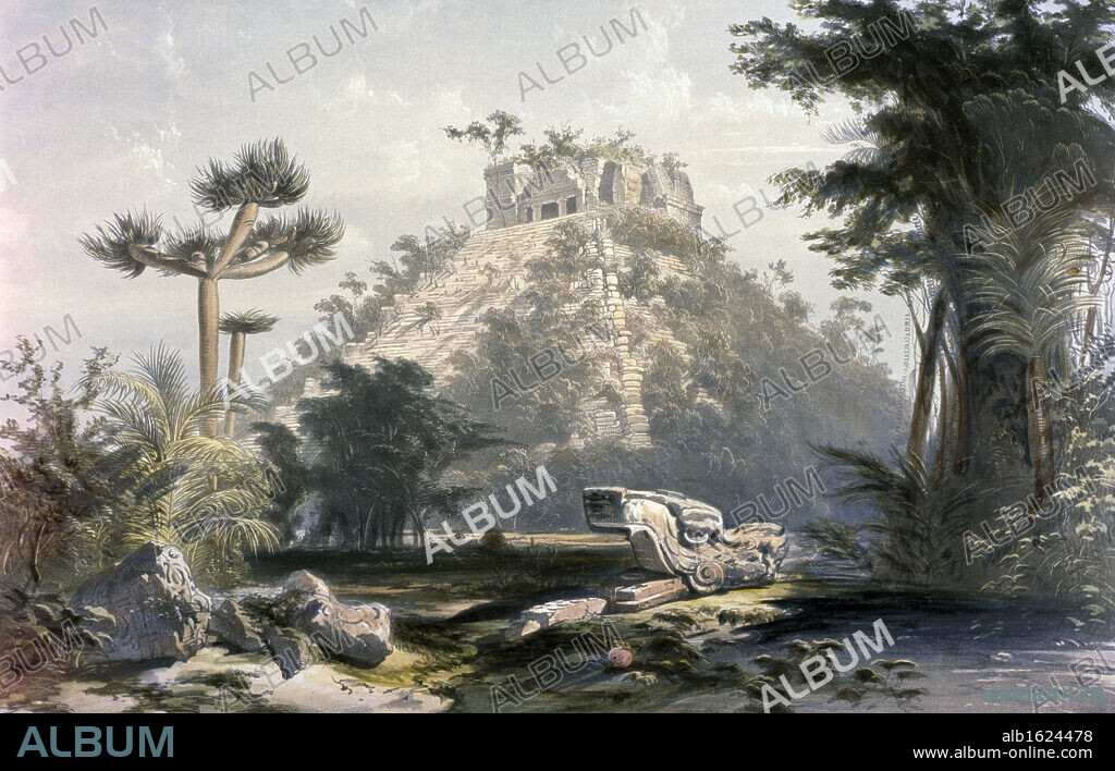 Teocallis,  at Chichen-Itza,  from Views of Ancient Monuments in Central America,  Chiapas and Yucatan,  by Frederick Catherwood,  1844,  (1799-1854),  USA,  Illinois,  Chicago,  Newberry Library.