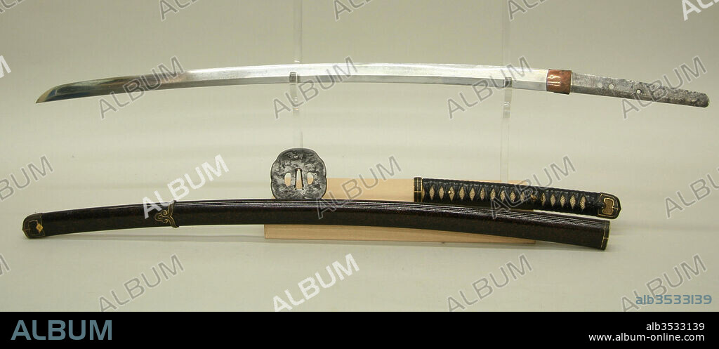 Blade and Mounting for a Sword (Katana), blade, probably 19th century; mounting, 19th century, Japanese, Steel, wood, lacquer, iron, gold, copper-gold alloy (shakudo), rayskin (samé), leather, windmill palm leaves, L. 41 9/16 in. (105.5 cm); L. of blade 35 1/6 in. (89.1 cm); L. of cutting edge 27 5/8 in. (70.2 cm) D. of curvature 13/16 in. (2.1 cm), Swords.