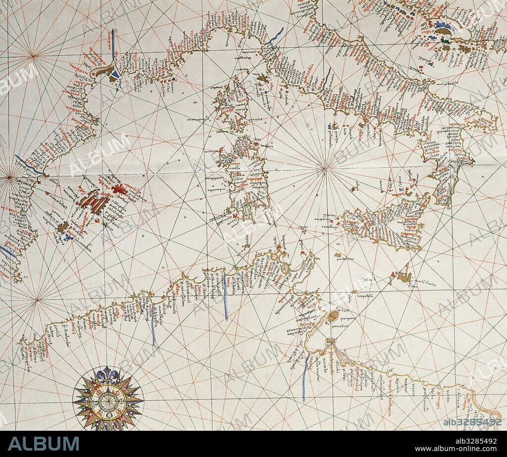 Mapa del Mediterráneo Occidental, con Italia, costas meridionales de Europa y las islas de Sicilia, Córcega, Cerdeña, las Islas Baleares y el norte de Africa. ATLAS PORTULANO o Carta Náutica de JOAN MARTINES, cartógrafo español, perteneciente a la Escuela Mallorquina. El manuscrito consta de diecinueve mapas a doble folio. Messina (Sicilia), 1587. Biblioteca Nacional. Madrid. España.