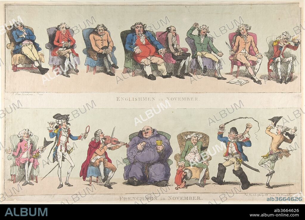 Englishmen in November, Frenchmen in November. Artist: Thomas Rowlandson (British, London 1757-1827 London). Dimensions: Sheet: 15 3/4 x 24 in. (40 x 61 cm). Publisher: Samuel William Fores (British, 1761-1838). Date: November 25, 1788.
Issued in London at the height of the American Revolution, this print summarizes the situation in 1779 from Britain's point of view. As in traditional allegories, the figures represent specific nations, but their dramatic interaction anticipates the new kind of satire soon to come from Rowlandson and Gillray. John Bull stands at the center as an inattentive military volunteer dozing against a staff topped with Britannia's attribute, the cap of Liberty. He is being attacked from all sides. An Indian, traditional emblem of America, takes Liberty's cap in a reference to the Declaration of Independence by the Thirteen Colonies in 1776. A Dutch toper slyly steals John Bull's purse while France is represented by an emaciated dandy restrained by a rugged Highlander, a reminder that Scottish volunteers helped make up for the British army's poor state of preparation.