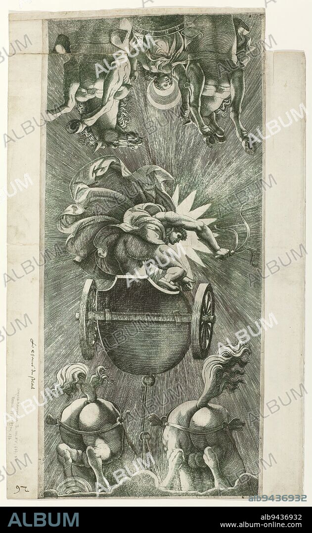 Apollo in his chariot of triumph and Diana as moon goddess, Apollo in his chariot of triumph drawn by two horses seen from below, followed by Diana as moon goddess (Luna) in a chariot drawn by two horses., print maker: Adamo Scultori, (attributed to), print maker: Diana Mantuana, (attributed to), after design by: Giulio Romano, Mantua, c. 1550 - c. 1580, paper, engraving, height 249 mm × width 540 mm.