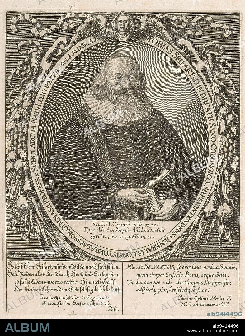 Portrait of Tobias Seifart at age 52, Johann Dürr, after Michael Schnabel, 1661, print maker: Johann Dürr, (mentioned on object), after: Michael Schnabel, (mentioned on object), Israel Clauder, (mentioned on object), print maker: Germany, after: Coburg, Germany, 1661, paper, engraving, h 200 mm - w 156 mm.