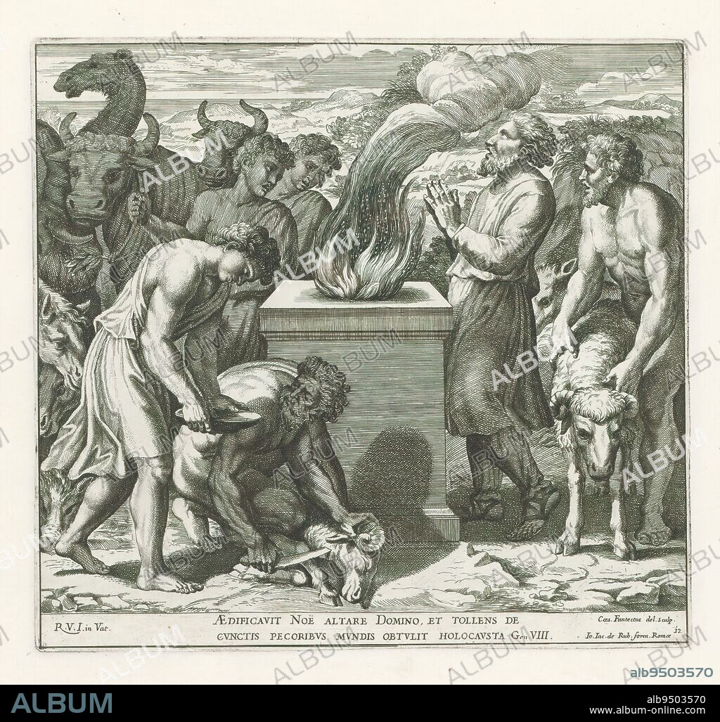 Noah sacrifices to God, Raphael Bible (series title), Paintings in Raphael's Loggia (series title), Imagines Veteris ac Novi Testamenti (series title), Noah and his companions make an offering to God at an altar. Bible verse below the image. Print is part of an album., print maker: Cesare Fantetti, (mentioned on object), after drawing by: Cesare Fantetti, (mentioned on object), after painting by: Rafaël, (mentioned on object), print maker: Italy, after drawing by: Italy, after painting by: Vaticaanstad, publisher: Rome, Vaticaanstad, 1675, paper, etching, height 239 mm × width 256 mm.