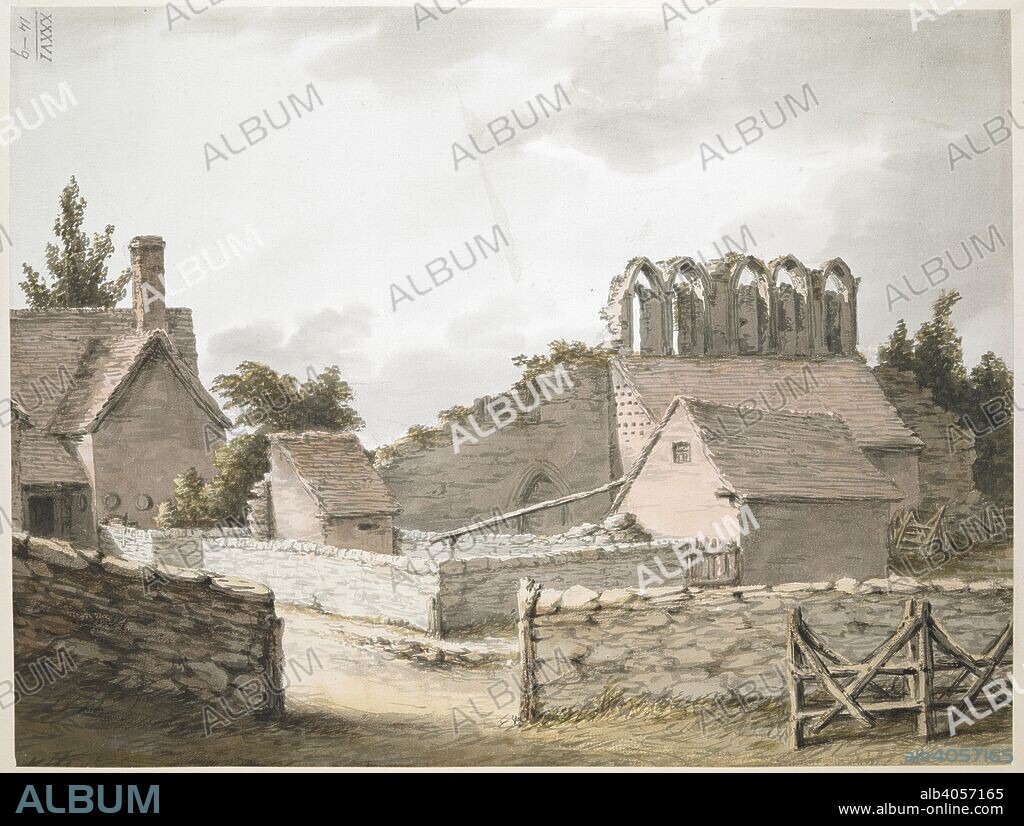 A watercolour view of the ruins of Manor Abbey, Halesowen. A stone wall in the foreground; farm buildings and a house in the middle ground; the abbey ruins and trees in the distance . West view of the ruins of the Manor Abbey, Halesowen. c. 1780. Pen and black ink with watercolour. Source: Maps K.Top.36.14.g.