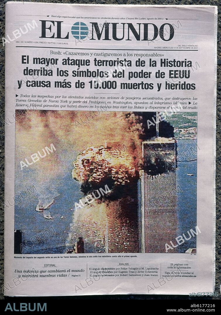 PORTADA DEL PERIODICO EL MUNDO - ATAQUE A LAS TORRES GEMELAS - 11 DE SEPTIEMBRE DEL 2001.
