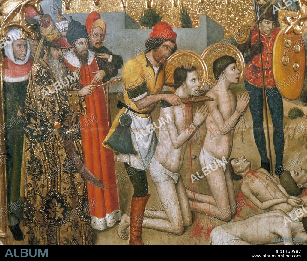 ARTE GOTICO. SIGLO XV. ESPAÑA. HUGUET, Jaume (Valls, 1412-Barcelona, 1492). "RETABLO DE LOS SANTOS ABDON Y SENET". Pintura sobre tabla (301x225 cm). Pintado en Barcelona entre 1460-1461. Procede del altar lateral de la Iglesia de San Pedro de Terrasa. Pintura sobre tabla. Detalle de una de las pinturas narrativas existentes en la plataforma o predella inferior, con el MARTIRIO DE LOS SANTOS COSME Y DAMIAN. IGLESIA DE SANT PERE. Terrassa. Provincia de Barcelona. Cataluña.