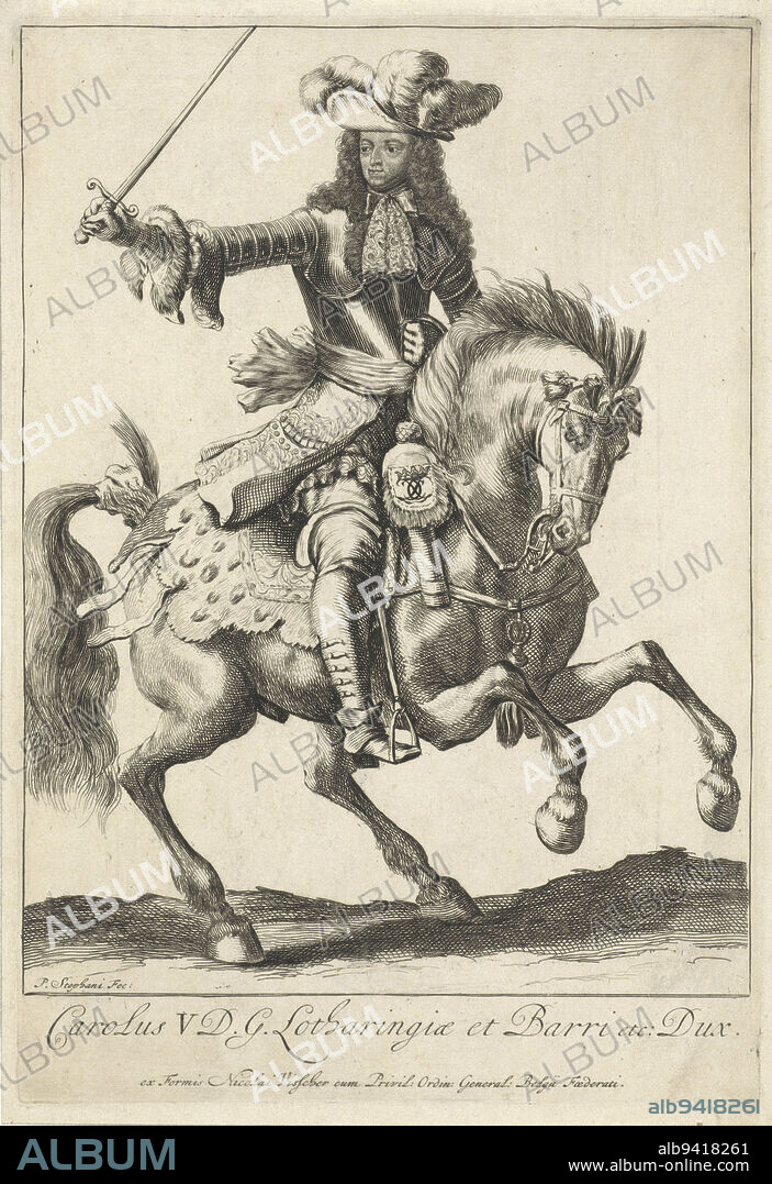 Portrait of Charles V Leopold, Duke of Lorraine, on horseback with a sword in his hand. Below in the margin his name and function in Latin, Equestrian portrait of Charles V Leopold, Duke of Lorraine., print maker: Pieter Stevens (vermeld in 1689), (mentioned on object), publisher: Nicolaes Visscher (I), (mentioned on object), publisher: Nicolaes Visscher (II), (mentioned on object), Amsterdam, 1675 - 1690, paper, etching, engraving, h 233 mm × w 160 mm.
