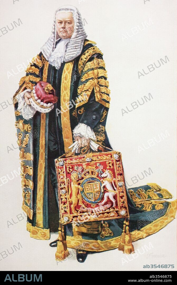 The Lord High Chancellor of Britain in his coronation robes and bearing the King's Purse. Douglas McGarel Hogg, 1st Viscount Hailsham, 1872 to 1950. British lawyer, Conservative politician and Lord Chancellor during the coronation of King George VI. From The Sphere, Coronation Record Number published 1937.