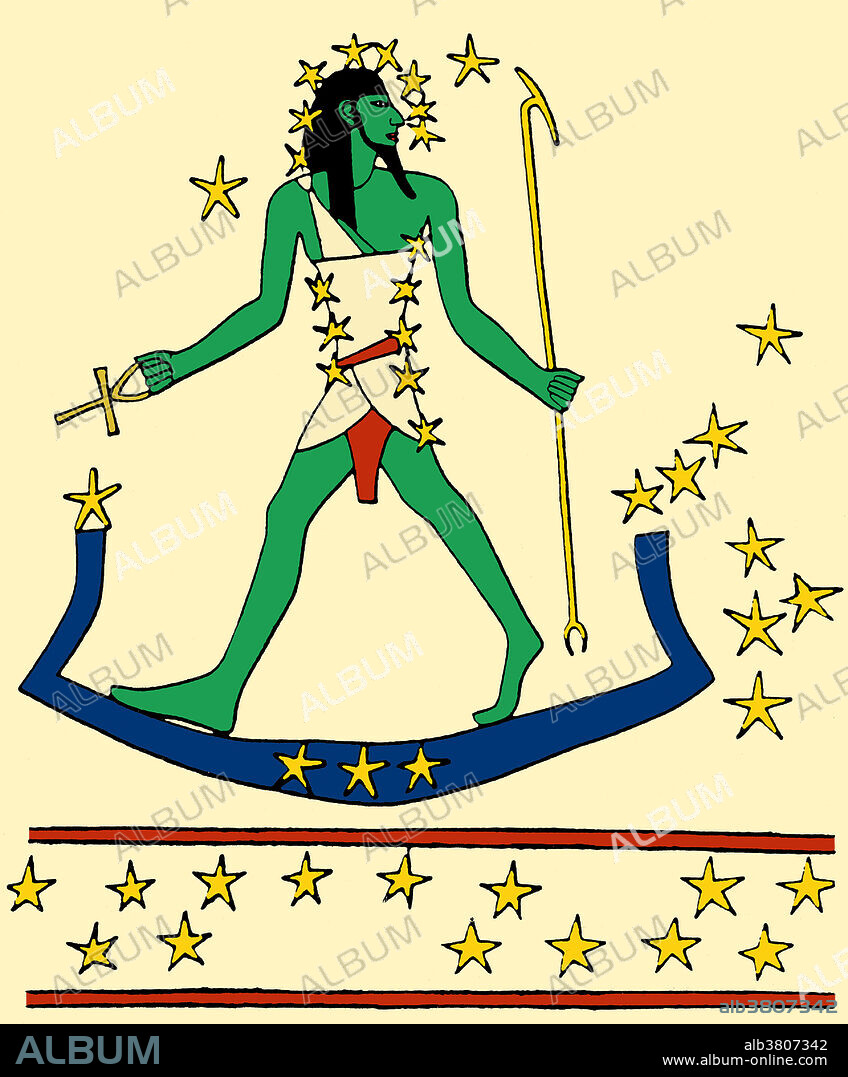 Osiris-Orion travels across the sky on the sacred boat (stars of Lepus). Image based on a star map in the tomb of Montemhet at Luxor, circa 650 BC. The stars of Orion were associated with Osiris, the sun-god of rebirth and afterlife, by the ancient Egyptians.