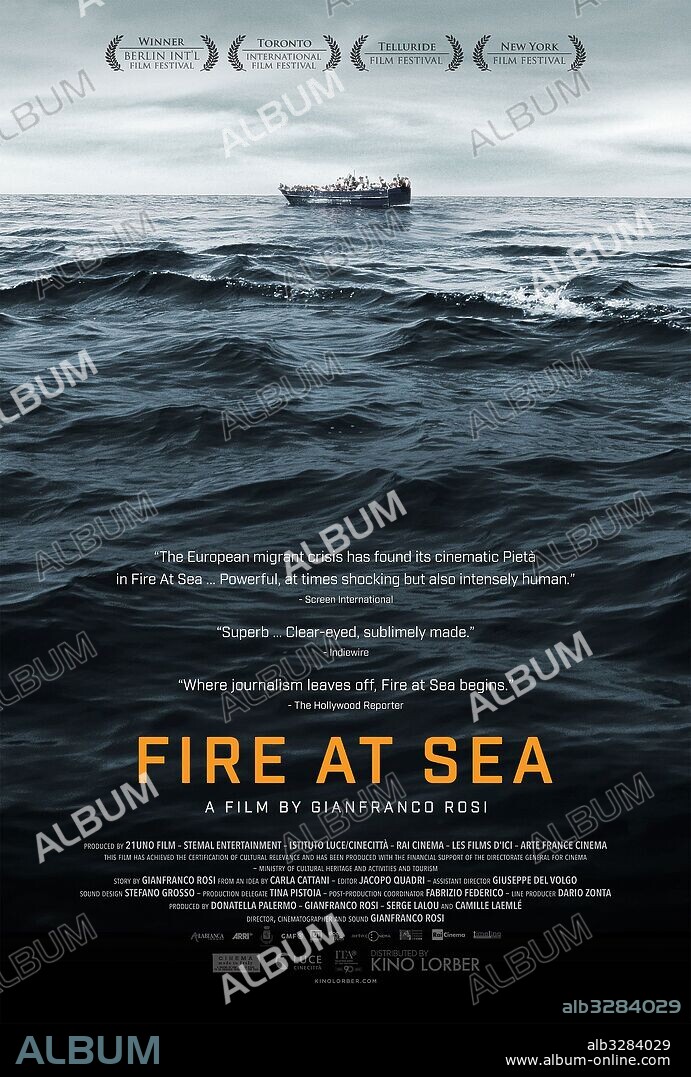 Poster of FIRE AT SEA, 2016 (FUOCOAMMARE), directed by GIANFRANCO ROSI. Copyright STEMAL ENT/21 UNOFILM/CINECITTA LUCE/RAI CINEMA/ICI.