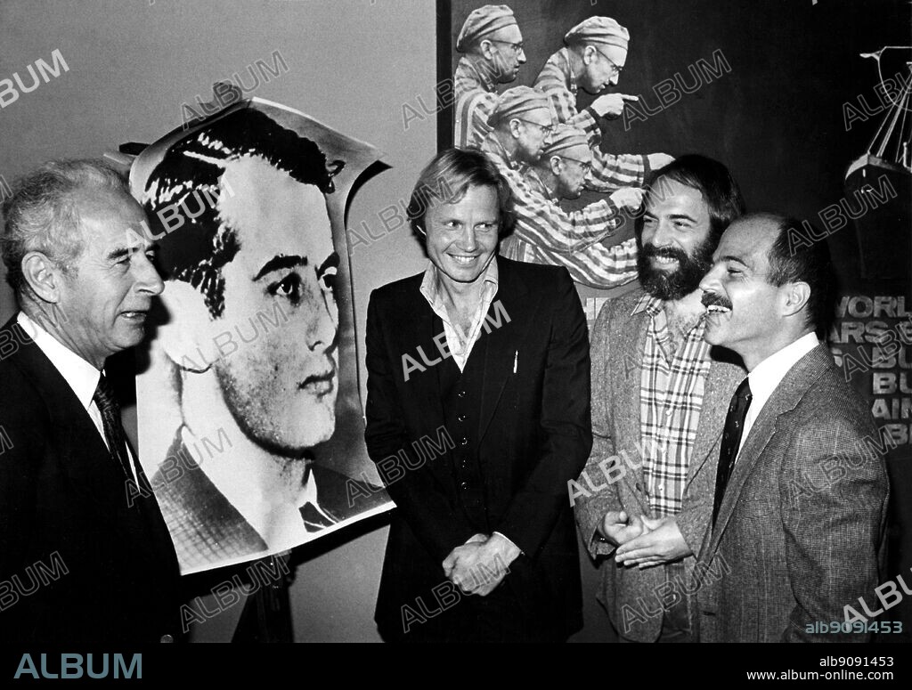 Actor Jon Voight announces with his co-producer Robert Schaffel, right of Voight, that Voight Schaffel Production will produce the film The Raoul Wallenberg Story, during a press conference in Los Angeles. Wallenberg's half brother Guy Von Dardels visiting professor at Stanford, left, and President of CBS Theatrical Films, Donald March, laugh during the conference. Voight will play Wallenberg in the film.. April 8th 1981.
