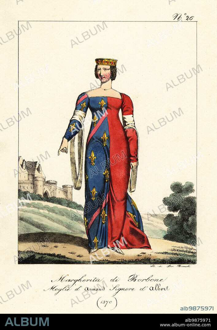 Margaret of Bourbon, Lady Albret, 1344-1416. Wife of Arnaud Amanieu, Lord of Albret. In coronet with gold mesh caul, armorial robe of the coat of arms of Albret, azur, fleurs de lys d'or, gueules. Marguerite de Bourbon. Femme de Arnaud sir d'Albert. Handcoloured lithograph by Lorenzo Bianchi after Hippolyte Lecomte from Costumi civili e militari della monarchia francese dal 1200 al 1820, Naples, 1825. Italian edition of Lecomtes Civilian and military costumes of the French monarchy from 1200 to 1820.