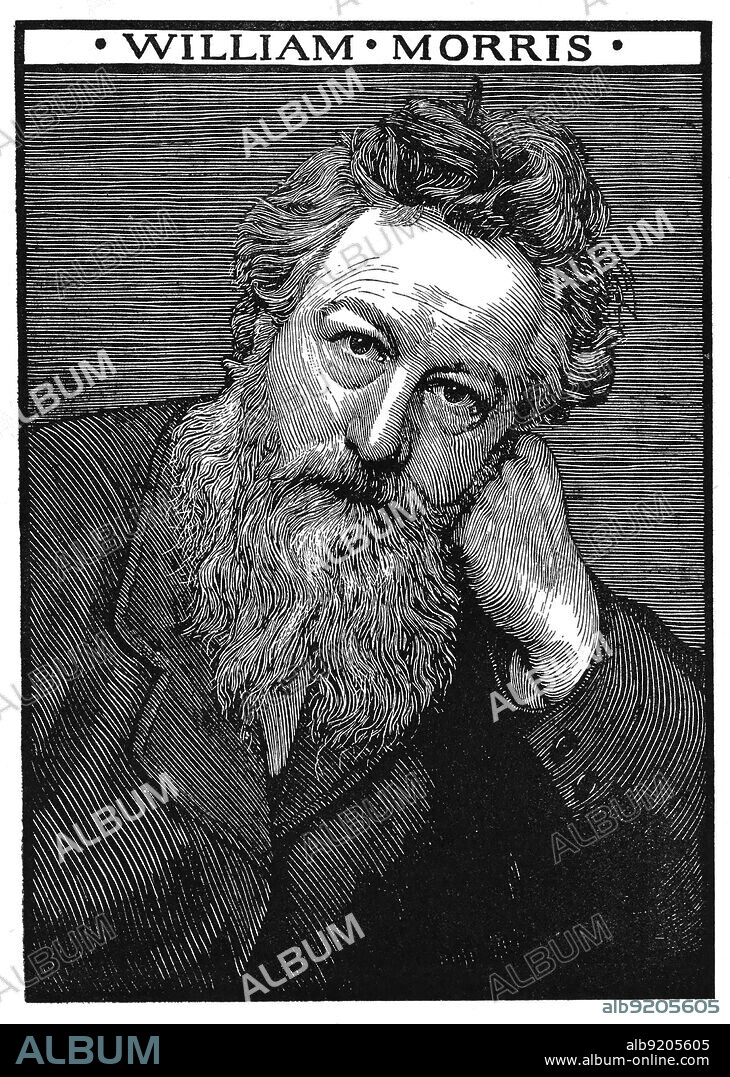 William Morris (1834-1896) was an English textile designer, poet, artist, novelist, architectural conservationist, printer, translator and socialist activist associated with the British Arts and Crafts Movement. Woodcut by Robert Bryden (1865-1939), a Scots artist and sculptor, 1901.