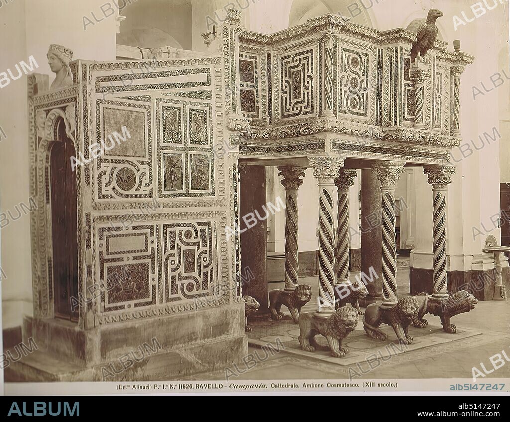 Ambo in cosmic work (13th century), Cathedral of Ravello (Campania), albumin paper, black and white positive process, image size: height: 19,90 cm; width: 25,50 cm, RAVELLO - Campania. Cattedrale. Ambone Cosmatesco. (XIII secolo.), architectural photography, travel photography, church decoration, sculpture, sculpture, sculpture art, Ravello.