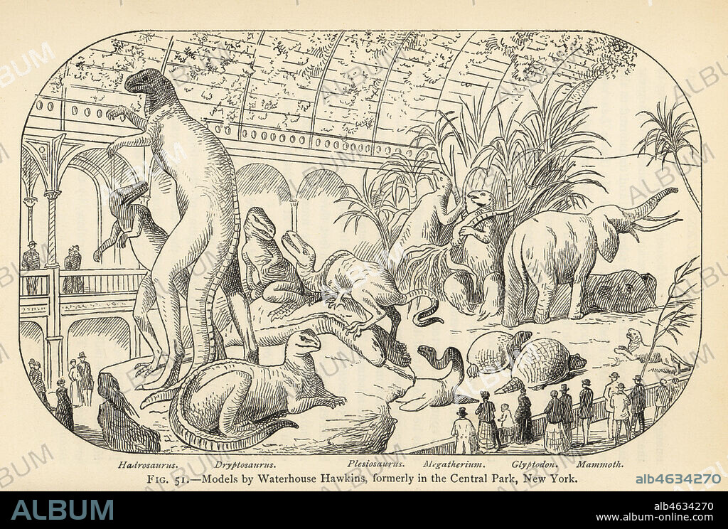 Dinosaur models by Benjamin Waterhouse Hawkins, formerly in Central Park, New York. Hadrosaurus foulkii, Dryptosaurus aquilunguis, Plesiosaurus dolichodeirus, Megatherium americanum, Glyptodon clavipes and Mammuthus primigenius. Engraving after an illustration by Joseph Smit from Henry Neville Hutchinsons Creatures of Other Days, Popular Studies in Palaeontology, Chapman and Hall, London, 1896.