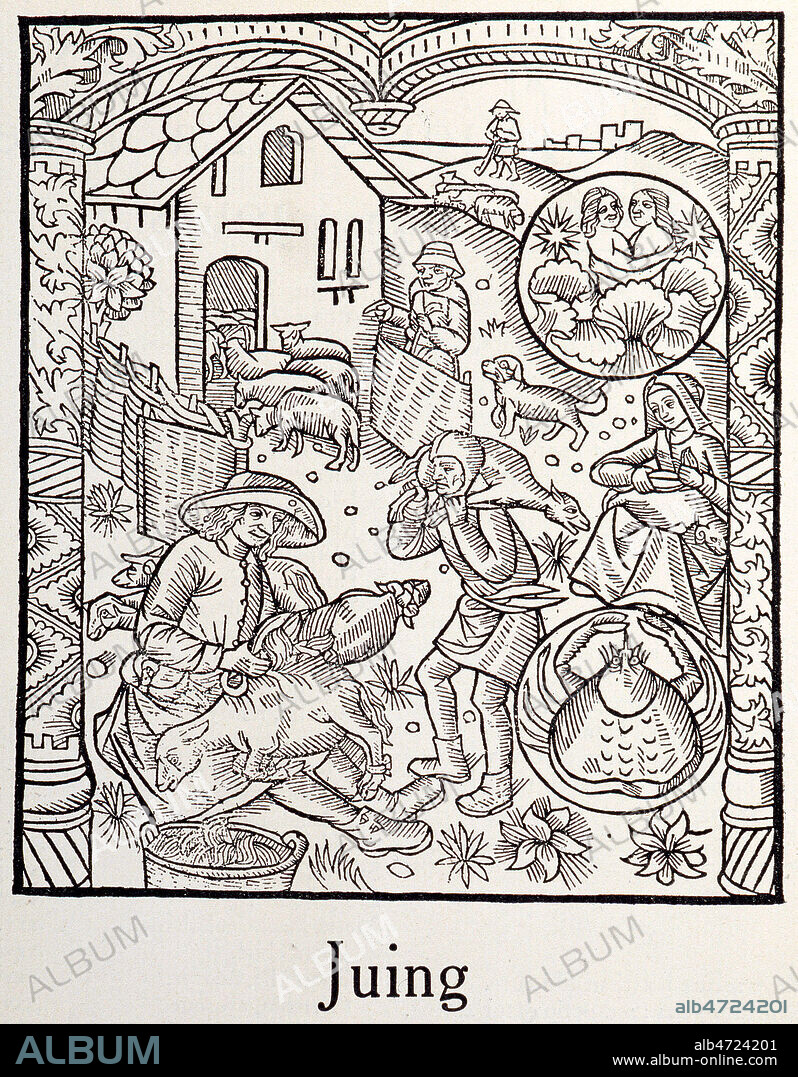 Tonte des moutons. Juin. Signes des Gemeaux et Cancer. Illustration anonyme pour un fac simile du Calendrier et Compost des Bergers avec leur Astrologie et plusieurs autres choses imprime en 1491 par Guy Marchant. Credit : Collection KHARBINE-TAPABOR.