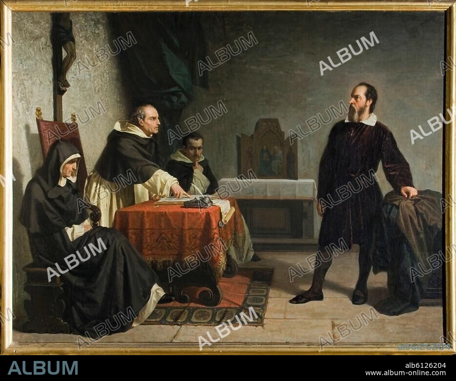 Galilei, Galileo; ital. Mathematiker u. Philosoph; 1564-1642.-"Galileo Galilei vor der Inquisition" (Rom, 12. April bis 22. Juni 1633).-Gemälde, 1857, von Cristiano Banti (1824-1904). Öl auf Leinwand, 106 x 140 cm. Carpi, Privatsammlung.