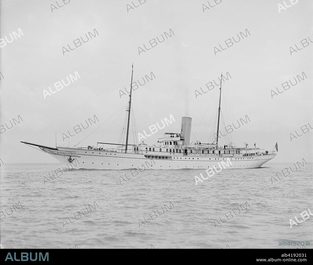 Steam yacht 'Liberty' running east. 'Liberty' was built for Joseph Pulitzer in 1908. Designed by George Lennox Watson she was one of the largest private yachts of her day. She served as a Royal Navy hospital ship during World War I. 'Liberty' was especially fitted with ramps and soundproofing due to Pulitzer's blindness and extreme sensitivity to noise, and was nicknamed The Tower of Silence.