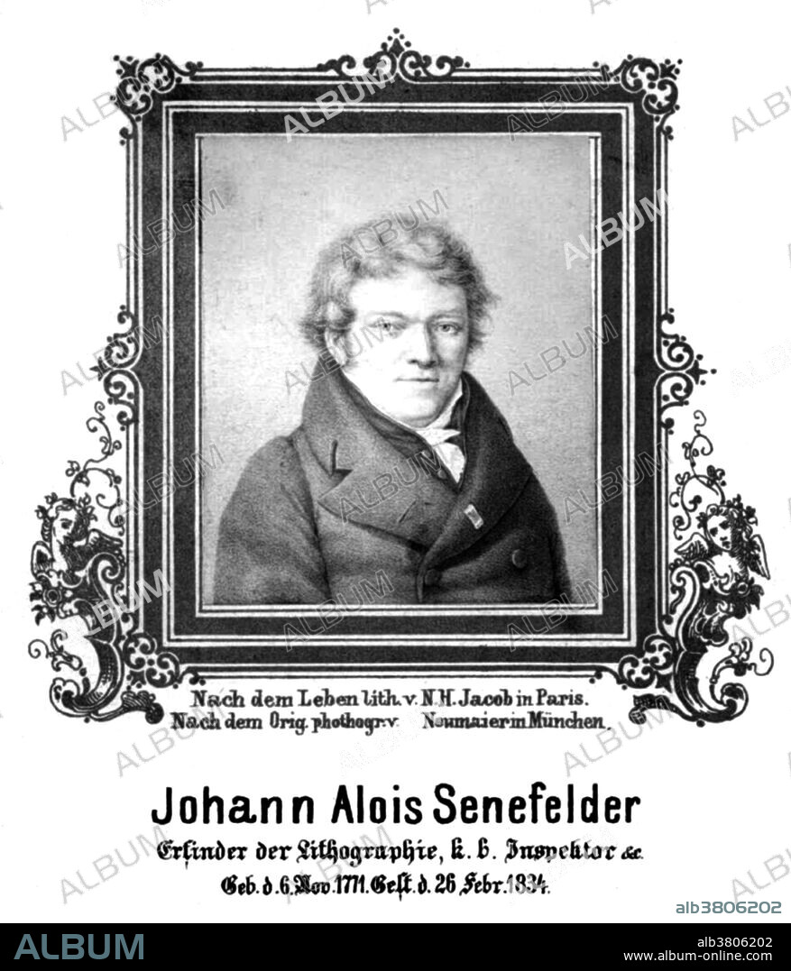 Johann Alois Senefelder (November 6, 1771 - February 26, 1834) was a German actor and playwright who invented the printing technique of lithography in 1796. He experimented with a novel etching technique using a greasy, acid resistant ink as a resist on a smooth fine-grained limestone. He then discovered that this could be extended to allow printing from the flat surface of the stone alone, the first planographic process in printing. He gradually brought his technique into a workable form, perfecting both the chemical processes and the special form of printing press required for using the stones. He called it "stone printing" or "chemical printing", but the French name "lithography" became more widely adopted. His invention made printing more affordable and available to more people, and was important in art and newspaper printing. He died in 1834 at the age of 62.