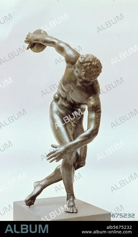 Myron, sculpteur grec, 5e s. av. J.-C. Discobole. V. 450 av. J.-C. Statuette de bronze, hellénistique, d'ap. le discobole de Myron. H. 21 cm. Munich, Staatl. Antikenslg. u. Glyptothek.