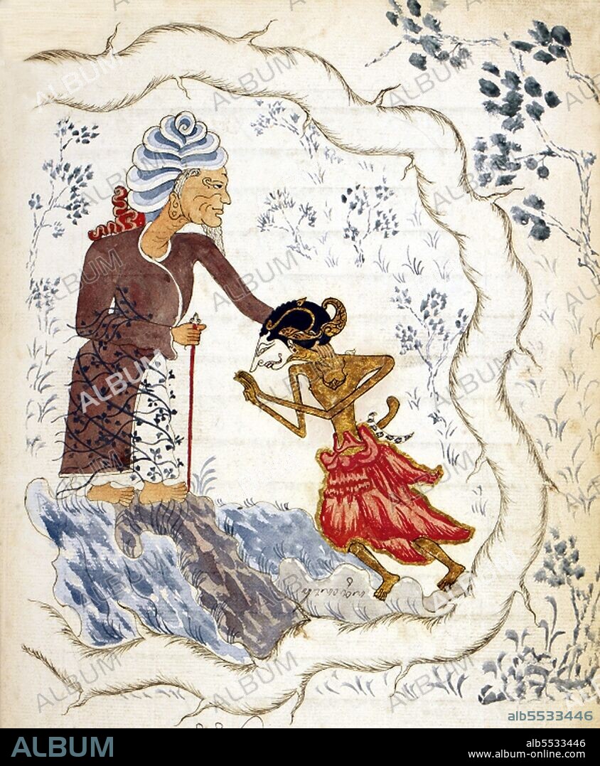 The Serat Selarasa is perhaps the earliest finely-illustrated Javanese manuscript extant. The manuscript is dated 1804, and according to a note in the text was once owned by the wife of a Dutch East India Company official in Surabaya. In this image Prince Selarasa kneels before a holy man, Kiai Nur Sayid, who has stayed in one place for so long, neither eating nor drinking but smelling flowers and praying to God, that a vine has grown up around his body.