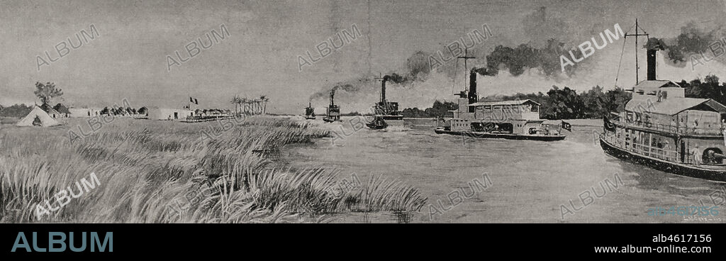 Incidente de Fachoda (1898), actual Kodok (Sudán del Sur). Conflicto de intereses entre Francia y Gran Bretaña. Ambos países pretendían la construcción de líneas de comunicaciones de manera que sus posesiones coloniales quedaran unidas de forma ininterrumpida. Ambas potencias enviaron expediciones militares en defensa de sus intereses, coincidiendo en Fachoda. Los franceses, dada su inferioridad numérica, se vieron obligados a retirarse, permitiendo el control británico de la región del Sudán. Llegada de la flotilla anglo-egipcia a Fachoda, capitaneada por el mariscal Kitchener, el 21 de septiembre de 1898. El contingente constaba de cinco vapores, dos de ellos cañoneros, tres batallones sudaneses, cien soldados escoceses y artillería sistema Maxim. Fotograbado por Laporta. La Ilustración Española y Americana, 1898.