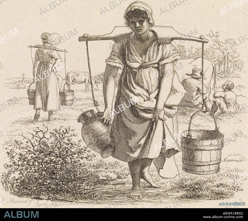 Two peasant women with yoke on their shoulders. In the background cows and two men sitting in the grass. The peasant woman in the foreground has a jug in her hand with which she is fetching water, Two milkmaids Study print, Etudes grav, print maker: Jacob Ernst Marcus, (mentioned on object), Amsterdam, Apr-1812, paper, etching, h 125 mm × w 164 mm.